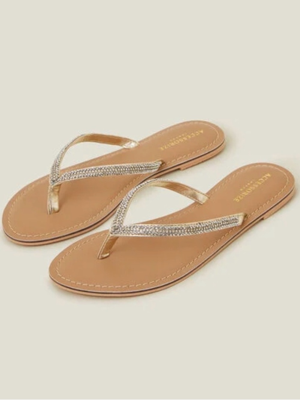 Women’s Metallic Tan Flip Flop Sandals with Rhinestone Straps Sz 9